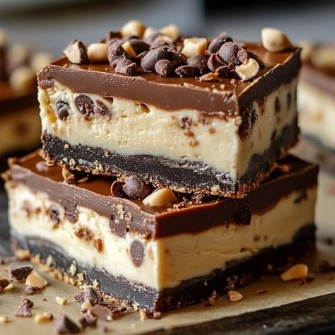 Decadent No-Bake Buckeye Cheesecake Bars Recipe: A Chocolate Lover's Dream! - Delicious Recipes - Easy Cooking Ideas and Tasty Dishes Reese’s Cheesecake Bars, No Bake Buckeye Cheesecake, No Bake Buckeye Cheesecake Bars, Buckeye Cheesecake Recipe, No Bake Squares, Easy Dessert Recipes No Bake, Buckeye Cheesecake Bars, Buckeye Cheesecake, Turtle Cheesecake Bars