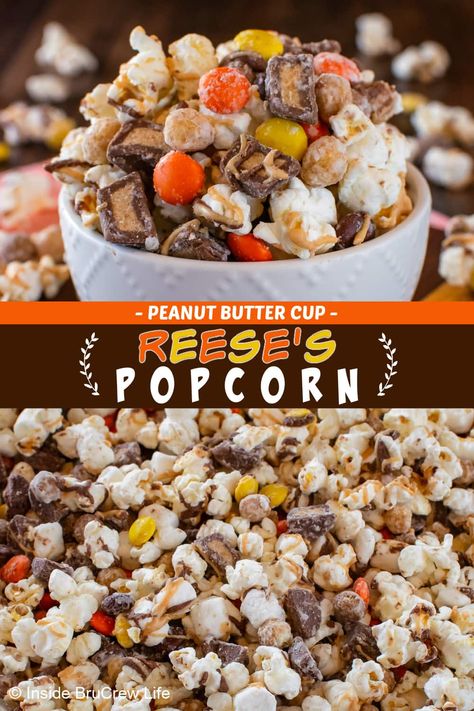 Our Reese's popcorn is the ultimate snack mix! This treat combines peanut butter cups and Reese's Pieces with crunchy popcorn for a perfect balance of sweetness and crunch. Make a double batch because it disappears in minutes! Reese’s Pieces Popcorn, Desserts With Popcorn, Popcorn Trail Mix Recipes, Popcorn Mix Ins, Fall Popcorn Mix Recipes, Fall Popcorn Mix, Popcorn Dessert Recipes, Popcorn Snack Mix Recipes, Popcorn Mix Recipes