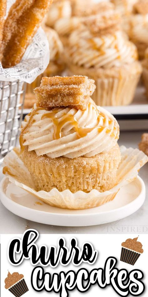 From the first bite, you'll know that this churro cupcake recipe tastes just like the real thing! These delicious cupcakes are moist and fluffy, with the tops being dipped into a cinnamon sugar mixture, then piped high with a cinnamon frosting. They are so much fun to make. Churro Cupcakes, Cinnamon Frosting, Cinnamon Cupcakes, Fluffy Cake, Fluff Desserts, Making Cakes, Vanilla Cake Mixes, Mexican Hot Chocolate, Cupcake Flavors