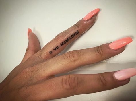 Ring Finger Roman Numeral Tattoo, Roman Numeral Tattoo On Finger, Roman Numeral Tattoo On Hand, Roman Numeral Tattoo Finger, Date Finger Tattoo, Roman Numeral Finger Tattoo, Inside Finger Tattoos, Inner Finger Tattoo, Finger Tattoos Words