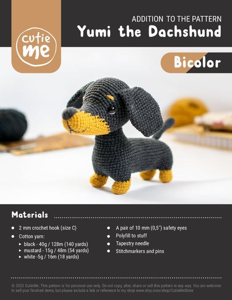 ADDITION TO THE PATTERN Yumi the Dachshund Bicolor black dog Dachshund Amigurumi Free Pattern, Dachshund Crochet Pattern Free, Dachshund Crochet, Crochet Dachshund, Amigurumi Dog Pattern, Amigurumi Dog, Crocheted Toys, Dragon Pattern, Crochet Dress Pattern