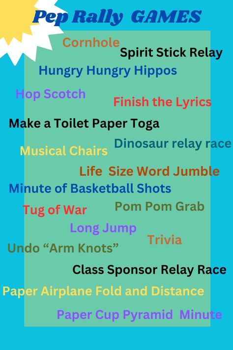 If you feel stuck, here is a list of pep rally games! If you aren't sure how one works, comment below for an answer. cheer, cheerleading, pep rally, games, coach, competitions, teachers, class council, class sponsor, cheer coach, school spirit, class competitions, class games Themes For High School Basketball Games, Class Themes High School, Fun Pep Rally Ideas, Pep Rally Themes Ideas, Games For Pep Rallies High Schools, Lunch Time Activities High School, Make It Count Cheer Camp Theme, Prep Rally Games, Games For Pep Rally