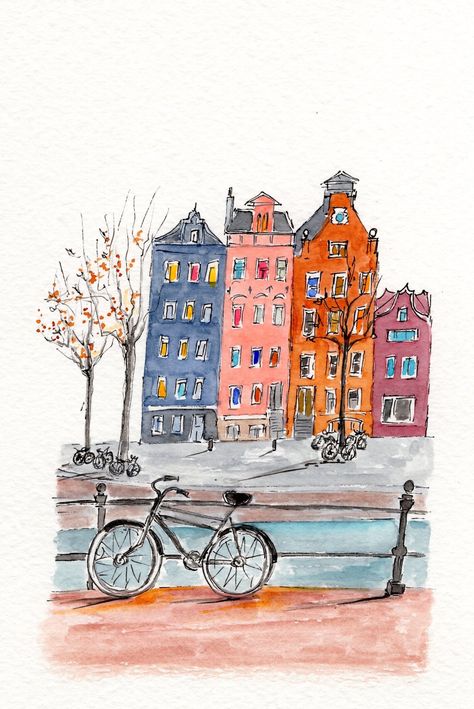 amsterdam painting Amsterdam Painting, Amsterdam Sketch Drawings, Copenhagen Painting, Amsterdam Watercolor, Copenhagen Watercolor Painting, Amsterdam Watercolor Painting, Urban Sketching Amsterdam, Amsterdam Buildings Drawing, Amsterdam Illustration Houses