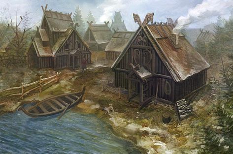 Viking Village. These buildings, especially in light of the horse adornments, are more typical of those which would be found in Kronerin (especially in the northern region of such). Nordic Architecture, Art Viking, Viking House, Viking Village, Old Village, Viking Life, Nordic Vikings, Viking Culture, Old Norse