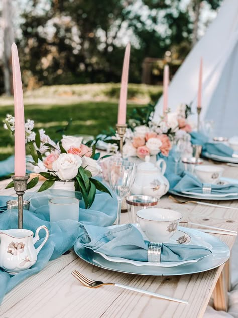 Cinderella inspired tea party Blue Tea Party Ideas, Blue And Green Tea Party, Dusty Blue Tea Party, Cinderella Tea Party Birthday, Cinderella Engagement Party, Pink And Blue Tea Party, Ocean Tea Party, Cinderella Tablescape, Blue Tea Party Aesthetic