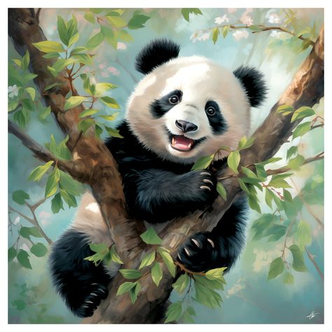 Panda Tree, Panda Bear Art, Panda Background, Climbing A Tree, Animal Canvas Paintings, Horse Art Drawing, Panda Drawing, Panda Tattoo, Happy Panda