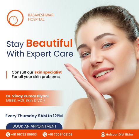 Radiant, healthy skin is within your reach with expert care from our experienced skin specialist. Whether you're dealing with acne, sun damage, or other skin issues, our team has the tools and expertise to help you achieve a more beautiful, youthful complexion.

Consult our skin specialist

Dr. Vinay Kumar Biyani
MBBS, MD( Skin & VD )

Every Thursday 9AM to 12PM

#Basaveshwar #basaveshwarhospital #hulsoor #bidar #basavakalyan #skinspecialist #glowingskin #skinproblems #beautifulskin #smoothskin Letterhead Design Inspiration, Dr Post, Aesthetic Center, Aesthetic Clinic, Skin Specialist, Skin Care Clinic, Letterhead Design, Learning Graphic Design, Beauty Parlor