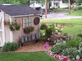 Garden Shed Landscaping, Cottage Shed, Shed Landscaping, Shed Makeover, Garden Shed Ideas, Shed Decor, Potting Benches, Backyard Sheds, Green Houses