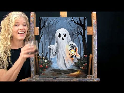 GHOST AND LAMP - Learn How to Draw & Paint with Acrylics - Easy Fun Halloween Paint and Sip at Home | Patreon Halloween Paint And Sip, Paint And Sip At Home, Michelle The Painter, Pumpkin Canvas Painting, Paint With Acrylics, Cardinal Painting, Pumpkin Canvas, Holiday Canvas, Painting Parties