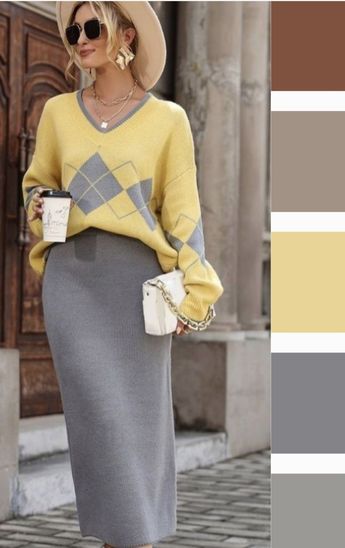 Gray Color Combos Outfits, Color Story Fashion, Summer 2023 Office Outfits, Elegant Colour Combinations, Colour Combination With Grey, Yellow Color Combinations Outfits, Colors That Go Well Together, Yellow Grey Outfit, Yellow And Grey Outfit