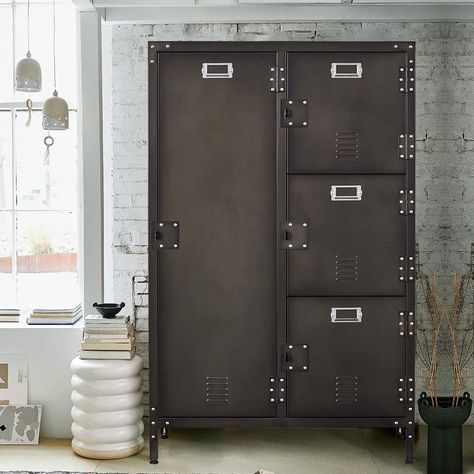 PRICES MAY VARY. 【Multifunctional Steel Cabinet】：This Storage Cabinet is designed with hanging rod and 3-tiers locker. Overall size 55.1"H x 29.5"W x 18"D. Weight capacity for each shelf is 50 lbs. The thickened cabinet and multi-door design can help you sort and store items. 【Sturdy Construction】: Vintage & Antique appearance storage cabinet locker is so cool and fanshional. Rugged steel framing and dark weathered finish make this storage locker Scratch resistant performance and long-lasting us Industrial Lockers, Wardrobe Storage Cabinet, Steel Wardrobe, Metal Storage Cabinet, Home Lockers, Locker Cabinet, Steel Storage Cabinets, Retro Cabinet, Magnetic Latch