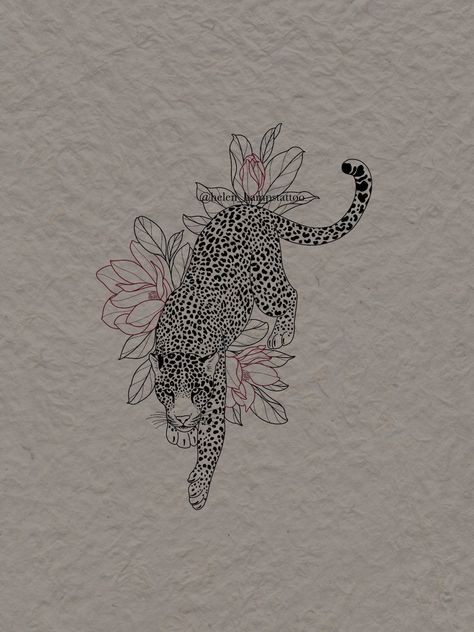 Jaguar Flower Tattoo, Leopard Spine Tattoo, Leopard With Flowers Tattoo, Leopard Flower Tattoo, Leopard Back Tattoo, Leopard Tattoo Design For Women, Leapord Tattoo, Wild Animal Tattoos, Unique Half Sleeve Tattoos For Women