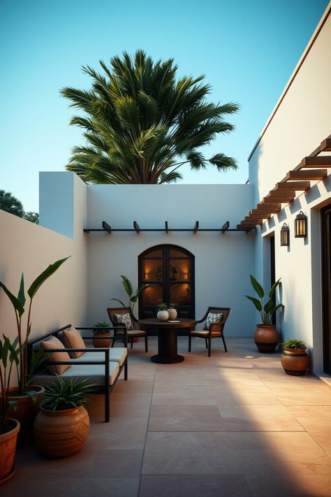 Looking to spice up your outdoor space? Check out these 10 creative ideas for Spartan patios! From vertical gardens that add greenery to minimalist designs that give a sleek look, discover unique inspirations that enhance your outdoor living. Whether you want a calm place for relaxation or a lively area for entertaining, we have ideas to fit every style and need. Explore concepts that leverage space effectively and utilize different styles to turn your patio into an appealing retreat. Your outdoor paradise awaits! Mediterranean Style Patio, Arizona Front Porch Ideas, Southwest Patio Ideas, Spanish Style Porch, Spanish Style Patio Outdoor Spaces, Mediterranean Outdoor Patio, Mediterranean Patio Ideas, Spanish Style Patio, Mediterranean Patio