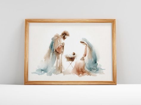 Watercolor Nativity Tutorial, Watercolor Christmas Angels, Watercolor Nativity Paintings, Watercolor Nativity Scene, Christmas Watercolor Nativity, Manger Scene Watercolor, Watercolor Art Nativity, Christian Christmas Watercolor, Baby Jesus Watercolor