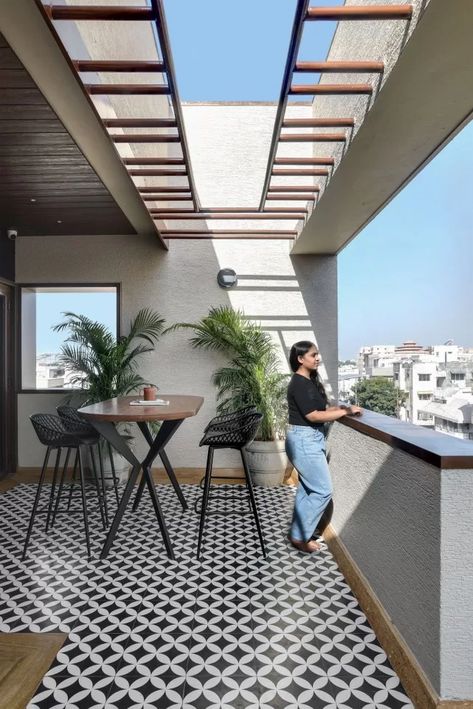 An Eye Striking Facade Captures The Spectator’s Vision Created From Earthy Material Palette Of This Residence | Manoj Patel Design Studio - The Architects Diary Roof Terrace Design, Terrace Tiles, Terrace Floor, Wallpapers Home, Balcony Flooring, Brick Cladding, Terrace Garden Design, Terrace Decor, Rooftop Terrace Design