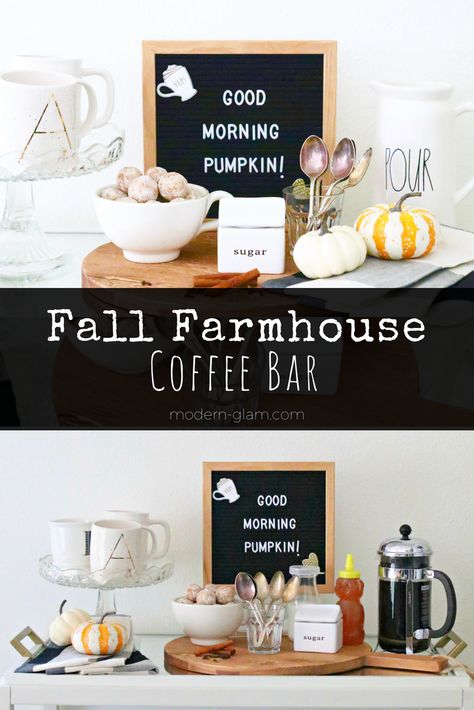 Turn your bar cart into a fun Fall Coffee Bar. Perfect for for the cozy mornings! #fallfarmhouse #farmhouse #coffeebar #coffee #coffeestation #barcart Fall Coffee Bar Ideas, Fall Coffee Bar, Living Room And Dining Room Decor, Coffee Bar Ideas Kitchen Counter, Farmhouse Coffee Bar, Coffee Bar Station, Diy Coffee Bar, Coffee Bar Design, Coffee Bars In Kitchen