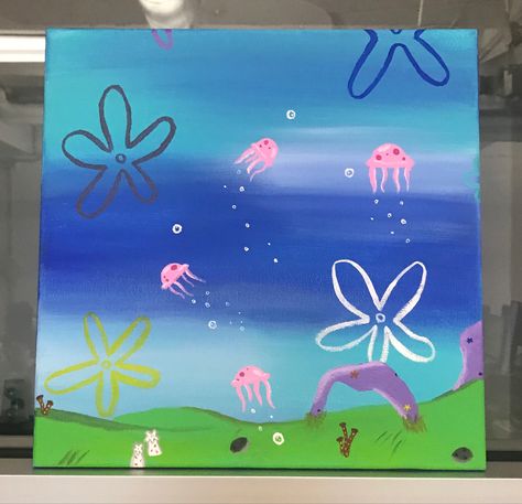 Spong Bob Painting, Spongebob Flowers Painting, Spongebob Sky Painting, Spongebob Background Painting, Sponge Bob Painting Canvas, Ceiling Tile Painting Ideas School, Dum Sum, Painting Ideas Spongebob, Spongebob Canvas Painting