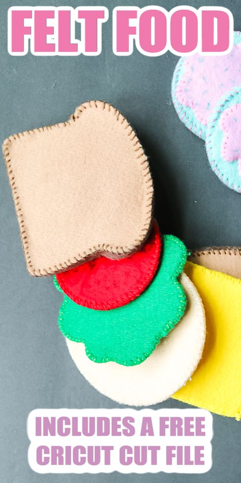 Make DIY felt play food with your Cricut machine and this free SVG file! Easy to make and toddlers will love this pretend food! #cricut #cricutmade #freesvg Felt Dramatic Play Easy Diy, Felt Bread Patterns Free, Fabric Play Food Diy, Felt Sandwich Pattern Free, Cricut Felt Food, Felt Bakery Food Free Pattern, Felt Crafts For Toddlers, Felt Play Food Diy, Cricut Toddler Projects