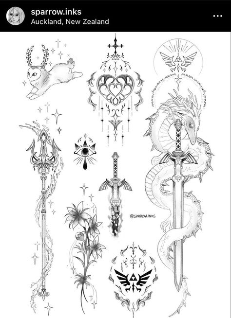 Zelda Dragons Tattoo, Legend Of Zelda Back Tattoo, Floral Zelda Tattoo, Zelda Flash Sheet, Group Tattoo Ideas Friends, Zelda Forearm Tattoo, Zelda Arm Tattoo, Silent Princess Tattoo Zelda, Zelda Botw Tattoo Ideas