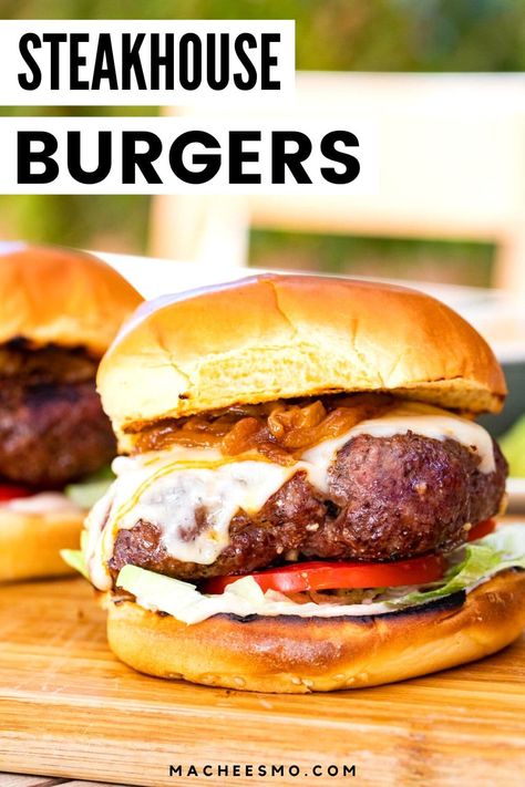 Amazingly juicy steakhouse burgers with caramelized onions are so easy to make at home! Top with a homemade burger sauce and you’ll be in heaven. macheesmo.com #steakhouse #burgers Steakhouse Burgers, Steakhouse Burger Recipe, Homemade Burger Sauce, Steakhouse Burger, Grilled Peach Salad, Homemade Burger, Burger Meat, Burger Patties, Peach Salad