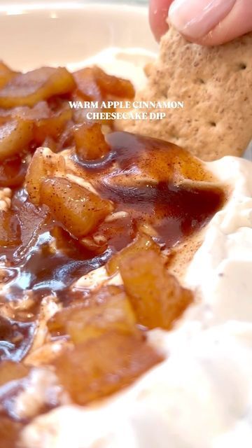 Jenn Ubbens on Instagram: "•Warm Apple Cinnamon Cheesecake Dip• Warm cinnamon spiced apples over creamy cheesecake. You can use graham crackers, Nilla wafers, pretzels, or more fruits to dip.  The perfect dessert for the fall.  Follow @thehomechefmomma for more everyday recipes.  #Recipe Warm Apple Cinnamon Cheesecake Dip 🍏 🍎  Cinnamon Apples- 1 apple, diced small 1 tsp cinnamon 1/4 c. light brown sugar 1 tbsp butter  Cheesecake— 8 oz cream cheese, softened  1/4 c. Granulated sugar 1 tbsp vanilla bean paste Pinch salt 1/2 c. sour cream 1/2 c. heavy whipping cream  1.  In a small saucepan over low-medium heat, add the apples, cinnamon, brown sugar and butter. Stir until melted and combined.  Cover and cook about 5 minutes. Uncover and stir. If apples are softened then cook uncovered until Warm Apple Cheesecake Dip, Apple Cinnamon Cheesecake Dip, Warm Apple Cinnamon Cheesecake Dip, Apple Cinnamon Cheesecake, Cinnamon Apple Cheesecake, Apple Cheesecake Dip, Dip Dessert, Apple Brown Sugar, Cinnamon Cheesecake