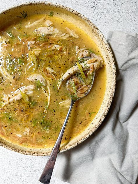 Chicken Soup with Fennel & Toasted Orzo — ross cooks things — Ross Yoder Fennel Chicken, Toasted Orzo, Fennel Recipes Soup, Chicken Fennel, Fennel Soup, Halloumi Salad, Sheet Pan Recipes, Trader Joe's, Chicken Seasoning