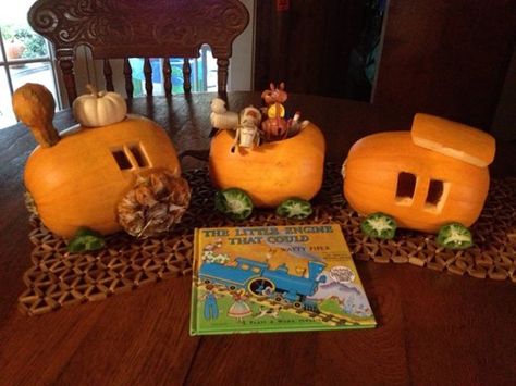 Turn pumpkins and gourds into a Pumpkin Carving Train with your favorite Little Engineer for Halloween. Add his/her favorite Little People animals and chug along the way! Choo-Choo! Oh, don't forget to read a train book with them! Pumpkin Train Ideas, Train Pumpkin Carving, Pumpkin Train, Pumpkin Board, Train Pumpkin, Pumpkins And Gourds, Pumpkin Carving Contest, Pumkin Carving, Craft Halloween