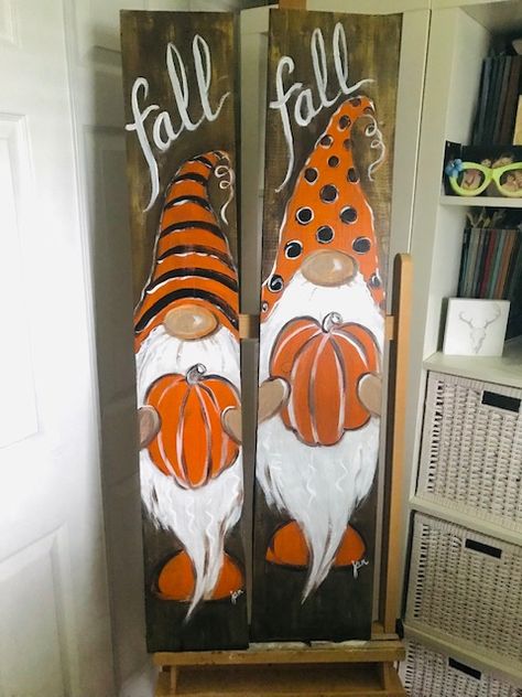 Fall Wooden Gnomes, Fall Gnome Porch Sign, Gnome Porch Sign Diy, Welcome Gnome Sign, Fall Dog Painting, Halloween Gnome Door Hanger, Fall Gnome Painting Canvas, Fall Paintings On Wood, Fall Gnome Door Hanger