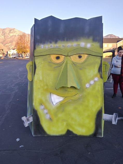 Our Ward TRUNK OR TREAT Entry! We titles it PICK or treat! This is made of 2 sheets of 8 ft. foam baords. We used spray paint( for Plastic, regular spray paint eat it) and low heat glue gun to stick the brows on. My hubby glued those sticky hands at the top/inside of the nose that kind of hung down and the kids could feel as they stuck their hands in! Just a little extra ick factor! Pick Your Nose Trunk Or Treat, Trunk Or Treat Nose Pick, Nose Picking Trunk Or Treat, Pick Or Treat, Frankenstein Nose Pick Trunk Or Treat, Walk The Plank Trunk Or Treat, Monster Nose Pick Game, Trunk Or Treat Monster Mouth, Witch Nose