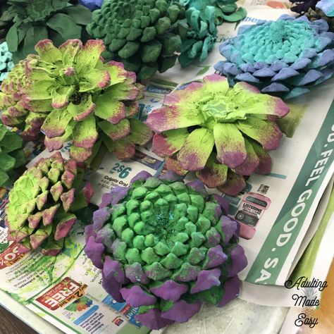 Pinecone succulent garden art project - age appropriate craft for older sped students! Truck Garden, Pinecone Crafts Christmas, Succulent Display, Painted Pinecones, Pine Cone Art, Diy Pinecone, Succulent Art, Classroom Art Projects, Alpine Plants