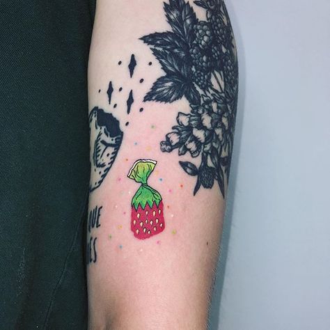 secret cult 😈 (@veryfiestyfairy) • Instagram photos and videos Bicep Tattoos, Small Colorful Tattoos, Candy Tattoo, Strawberry Tattoo, Fruit Tattoo, Tattoo Apprenticeship, Slow Morning, 13 Tattoos, Sharpie Tattoos