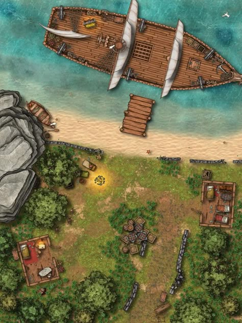 Pirate Campaign Ideas, Island Dnd Map, Dnd Island Map, Menagerie Coast, Fallout 4 Concept Art, Sea Map, Dnd Crafts, Village Map, Ship Map