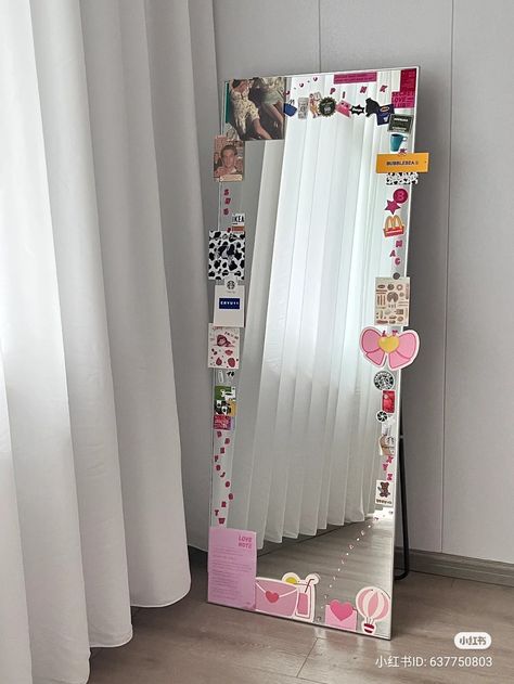 Decorating My Mirror, How To Decorate Your Mirror, Mirror Stickers Aesthetic, Stickers On Everything, Ideas Para Decorar Espejos, Aesthetic Mirror Decor, Espejos Aesthetic, Decorating Mirror, Cermin Aesthetic