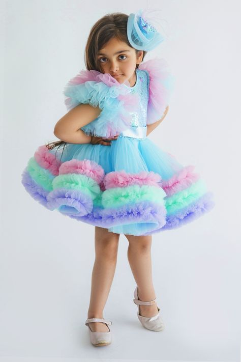 Buy Blue Satin Embroidered Sequins Tiered Ruffle Bow Dress For Girls by Miakki Online at Aza Fashions. Girls Ruffle Dress, Tiered Ruffle Dress, Baby Frocks Designs, Bow Dress, Dress For Girls, Birthday Dress, Frock Design, Designer Gowns, Ruffle Sleeves