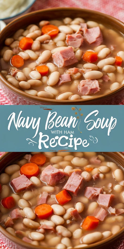 Discover this hearty Navy Bean Soup with Ham Recipe - a comforting blend of tender beans, smoky ham, and fresh vegetables simmered to perfection in a rich broth Classic Ham And Bean Soup, Crock Pot Navy Bean And Ham Soup, Homemade Ham And Bean Soup, Navy Bean And Ham Soup Stove Top, Ham And Navy Bean Soup Recipes, Navy Bean And Ham Soup Crockpot, Ham N Bean Soup, Ham And Bean Soup Recipes Old Fashioned, Navy Bean Soup With Ham