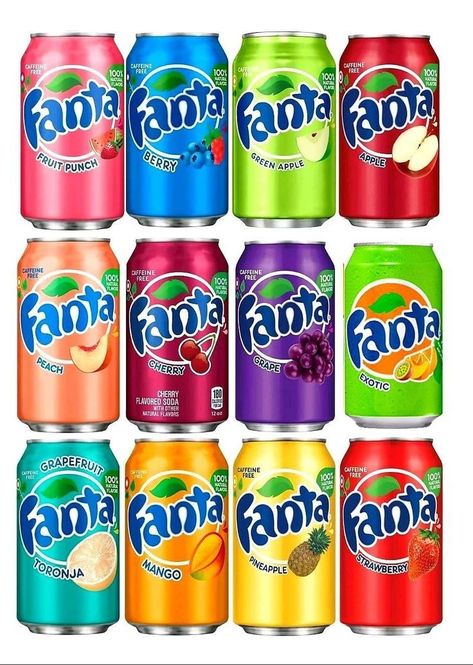 Fanta Commercial, Fanta Flavors, Fanta Drink, Squishy Food, Soda Flavors, Soda Drinks, Fanta Can, Sleepover Food, Junk Food Snacks