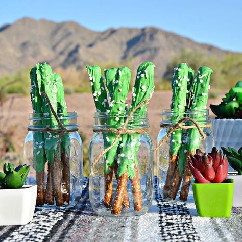 Desert Decoration Ideas Party, Pretzel Cactus Sticks, Cactus Pretzels Rods, Cactus Party Food, Cactus Themed Party Food, Cactus Pretzel Sticks, Cactus Pretzel Rods, Desert Party Theme, Desert Birthday