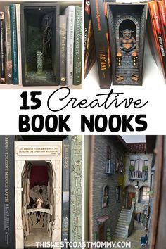 Hollowed Out Book Ideas, Bookshelf Mini Worlds, Book Nook Diy Ideas, Book Nook Templates, Book Diarama Ideas, Halloween Book Nook, Diorama Art Miniatures, Diy Booknook Ideas, Book Nooks Ideas