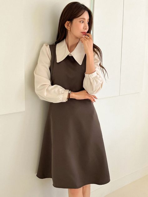 DAZY Colourblock Peter Pan Collar Puff Sleeve Dress | SHEIN UK Big Collar Dress, Dark Academia Dress, Puritan Collar, Aesthetic Dark Academia, Big Collar, Puff Sleeve Dress, Turndown Collar, Puffed Sleeves Dress, Men's Beauty