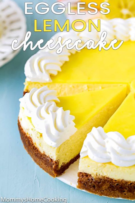 This Eggless Lemon Cheesecake is smooth, creamy, and melt in your mouth lemony! Nestled inside a traditional graham cracker, this delicious eggless dessert won’t disappoint. @mommyhomecookin #recipe #eggless #eggfree #lemon #cheesecake Egg Free Dessert Recipes, Lemon Cheesecake Recipe, Egg Free Desserts, Lemon Cheesecake Recipes, No Bake Lemon Cheesecake, Lemon Cheese, Eggless Desserts, Homemade Recipes Dessert, Eggless Recipes