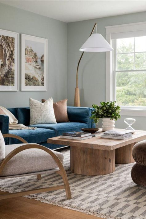 Transitional Living Room Blue Couch, Living Room Blue Furniture, Living Room Blue Couch Ideas, Blue Couch Wood Furniture, Blue Couch Office Decor, Blue White And Natural Wood Living Room, Light Turquoise Living Room, Scandi Blue Living Room, White Blue And Wood Living Room