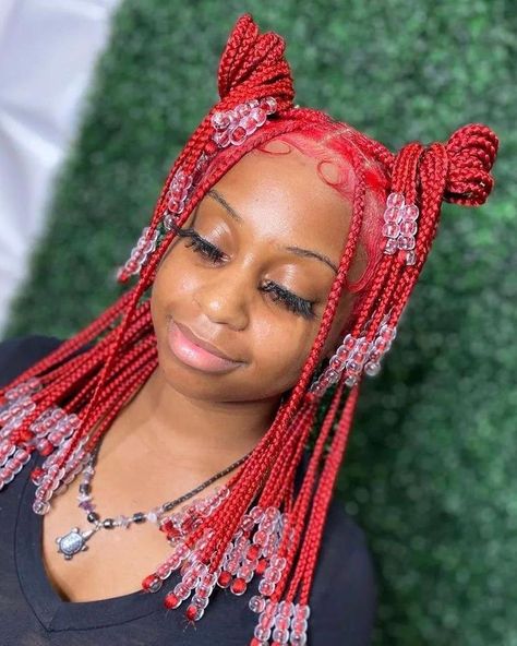 #boxbraidshairstyles #boxbraids #braidedhairstylesforblackwomen #braids #braidstyles #braidedhair #braidsforblackwomen #braidshairstyle #braidswithbeads Red Short Knotless Braids With Beads, Red Knotless Box Braids With Beads, Short Red Braids With Beads, Red Knotless With Beads, Red Short Knotless Braids, Braided Hairstyles Red Hair, Red Knotless Braids With Beads, Red Braids Hairstyles, Red Braids With Beads