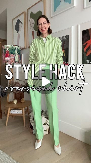 SALLY MACKINNON - Melbourne Stylist on Instagram: "I’ve been playing around with this one and I think I’ve nailed it! It does require a bit of practice but once you get it, it’s super easy.   What I also like about this hack is that you don’t spend your day re-tucking in your shirt ~ it just stays put!   I should mention this hack only works on shirts with exposed buttons (ie. not covered buttons) so whilst I can’t do this with every oversized shirt in my wardrobe, I can do it with many!  Give it a try and make sure you report back x   Style hack. Style tips. Ageless style. Striped shirt. Melbourne stylist." Layering Oversized Shirt, Oversize Striped Shirt Outfits, Half Front Tuck Button Up Shirt, Styling Dress Shirt Women, Different Ways To Style A Blouse, Styling A Striped Shirt, Wearing Mens Shirts Women, How To Style Oversized Dress Shirt, How To Style A Mens Shirt For Women