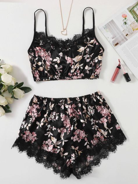 Floral Lace Trim Satin Cami Top & Shorts Night Set Short Night Dress Sleep, Night Dress Sleep, Night Ware, Short Night Dress, Night Set, Satin Cami Top, Pajama Fashion, Satin Shorts, Satin Cami