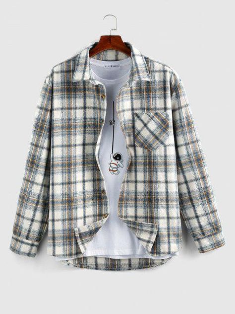 Plaid Print Wool Blend Pocket Shirt - Light Blue L Long Sleeve Shirts For Men, Denim Short Jumpsuit, Shirts Style, Sweater Dress Casual, Long Sweater Dress, Long Sleeve Plaid Shirt, Latest Mens Fashion, Pocket Shirt, Mens Casual Outfits