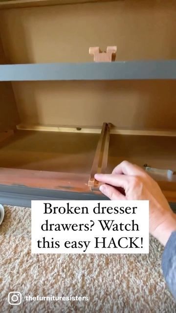 Sheila & Janelle (Furniture Flips & Home Decor) on Instagram: "Broken dresser drawer glides? Watch this easy hack! Have you ever tried this? #drawers #drawerrunners #diyhomeprojects #vintagedresser #diyhacks #diyhack"