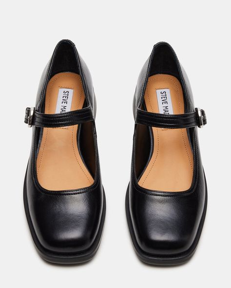 DELANCY Black Leather Mary Jane | Women's Flats – Steve Madden Flat Dressy Shoe, Women Black Dress Shoes, Cute Business Shoes, Work Shoes For Winter, Womens Business Shoes, Business Professional Shoes, Black Dress Shoes For Women, Business Shoes Women, Black Boots Flat