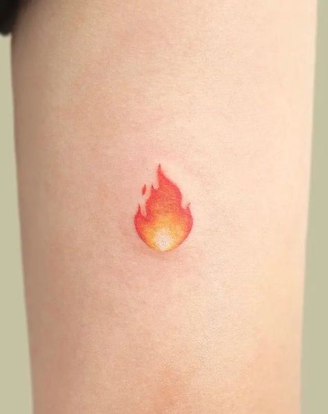 Fire Small Tattoo Ideas, Small Fire Sign Tattoo, Small Flames Tattoo, Geometric Fire Tattoo, Purple Flame Tattoo, Fire Theme Tattoo, Fire Emoji Tattoo, Watercolor Flame Tattoo, Tiny Fire Tattoo