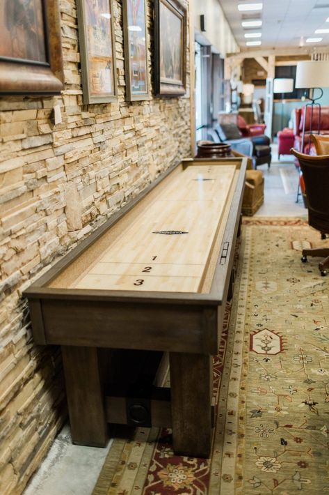 It is gametime and you need not look any further than this Elizabeth Collection Shuffleboard Table. A piece that is sure to be surrounded by: late nights, head-to-head challenges, cheers, and plenty of fun. This is a gametable you won't want to forget in your game-room and man-cave. Western Chic Decor, Shuffleboard Table, Southwest Print, Basement Living Rooms, Game Tables, Foosball Table, Western Chic, Rustic Living Room, Leather Furniture