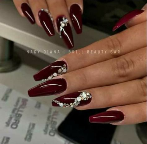 Burgundy Nails With Diamonds, Red Diamond Nail Designs, Burgundy Nail Designs With Rhinestones, Burgundy Bling Nails, Burgundy Nails With Gems, Dark Wine Nails With Design, Burgundy Nails With Rhinestones, Black And Burgundy Nails, Dark Burgundy Nails